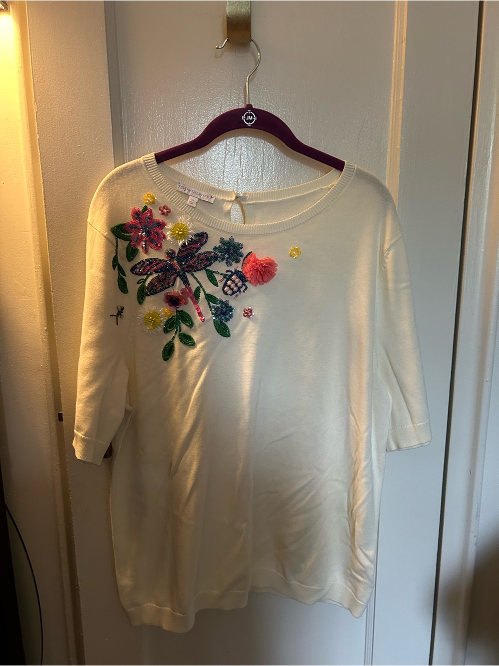 Talbots Cream Short-Sleeve Crewneck Sweater with Colorful Floral Embroidery